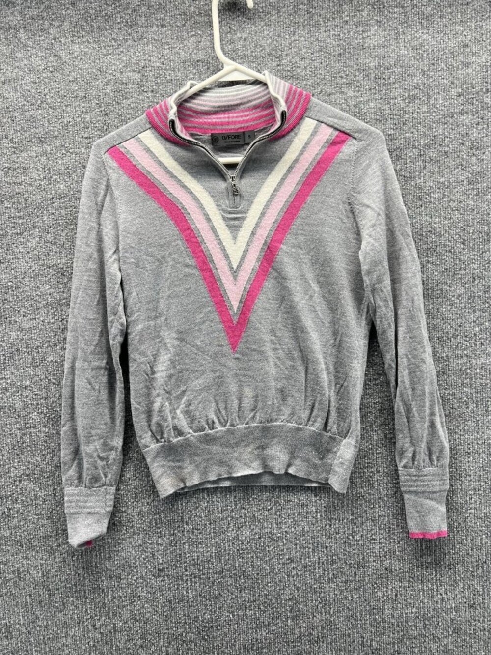 G/FORE Sweater Womens Small Gray Pink Striped Mock Neck 1/4 Zip Knit Pullover
